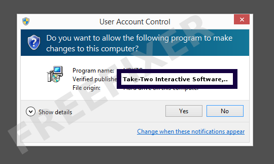 Screenshot where Take-Two Interactive Software, Inc. appears as the verified publisher in the UAC dialog